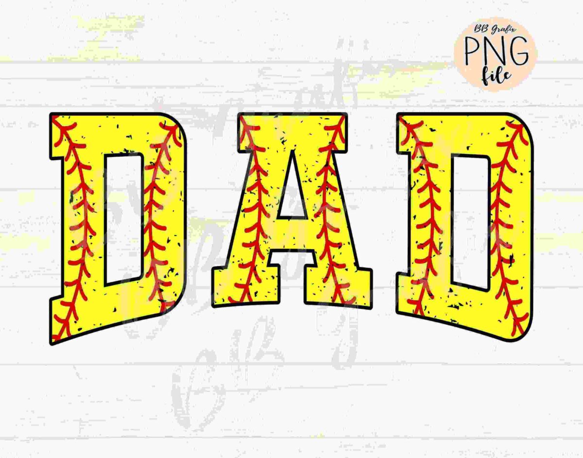 A graphic with the word "DAD" written in large, bold yellow letters outlined in black. The inside of the letters features red stitching resembling the pattern on a baseball. The background is a light wood texture.