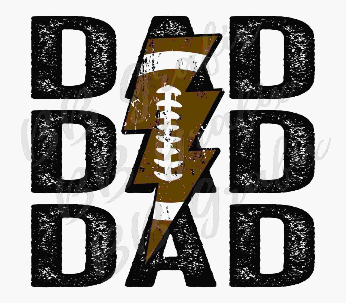 Text design featuring the word "DAD" written three times vertically with a distressed effect. A brown lightning bolt with a white football laces pattern intersects the middle "DAD".