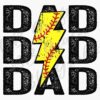 The image shows the word "DAD" repeated four times in black, distressed, bold letters. In the middle of the words, there is a yellow lightning bolt with red baseball stitching.