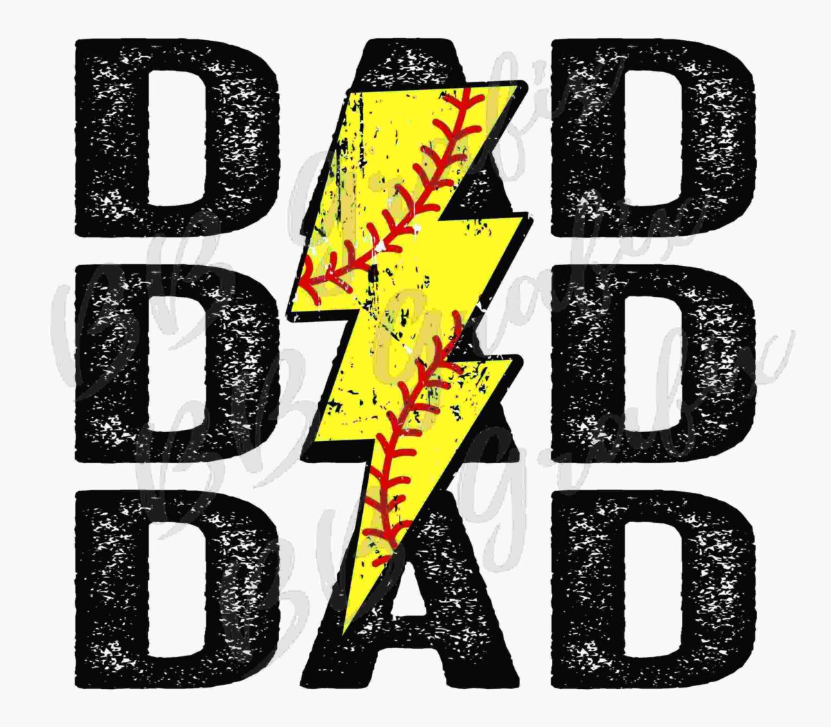 The image shows the word "DAD" repeated four times in black, distressed, bold letters. In the middle of the words, there is a yellow lightning bolt with red baseball stitching.