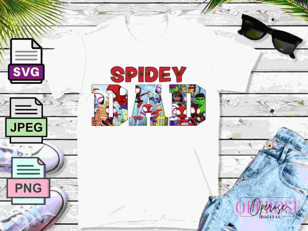 A white t-shirt with the text "SPIDEY DAD" in large, colorful letters, each filled with various Spider-Man characters. The shirt is laid out on a wooden surface alongside sunglasses, a pair of white sneakers, and blue denim jeans. File format icons (SVG, JPEG, PNG) are displayed on the left.