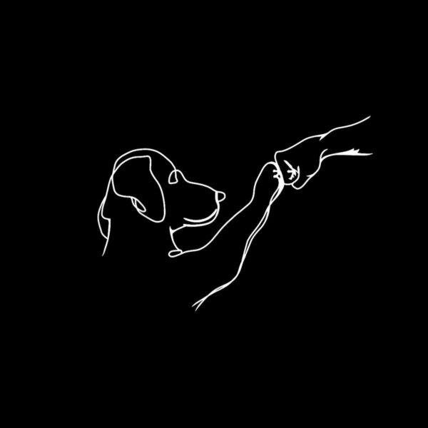 Minimalist line drawing of a dog and a human hand meeting with one paw and one hand, set against a black background.