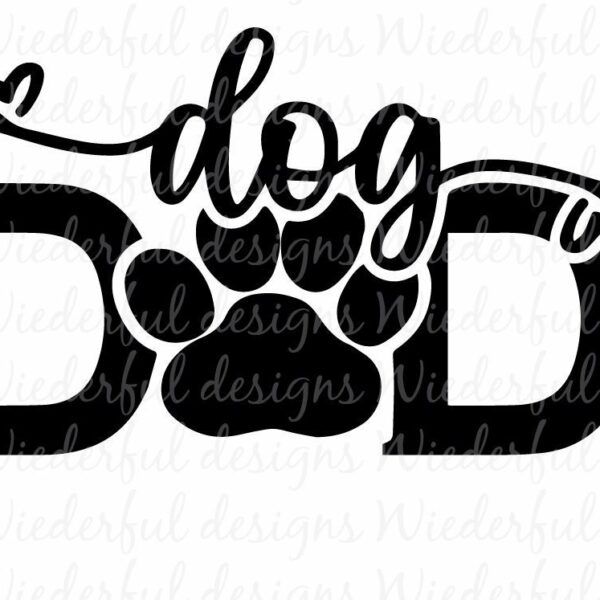 Dog Dad" graphic with the word "dog" in cursive and a paw print replacing the "a" in "Dad.