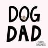 Dog Dad" text in large black letters with an illustration of a small dog inside the letter "O". "ENZA DESIGNS" text is at the bottom right.