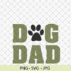 Text reads "DOG DAD" with a paw print in place of the "O". Available file formats listed below: PNG, SVG, JPG.