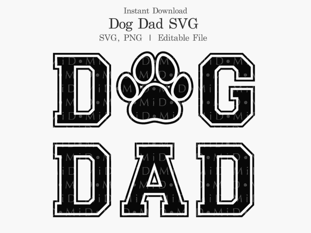 Text reads "Dog Dad" in a bold, block font with a paw print replacing the letter "O" in "Dog." The image denotes the availability of an SVG, PNG, and editable file for instant download.