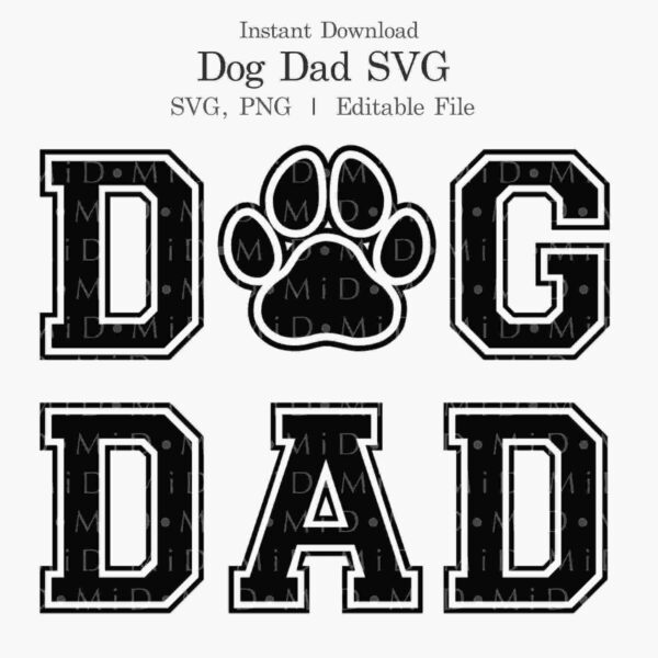 Text reads "Dog Dad" in a bold, block font with a paw print replacing the letter "O" in "Dog." The image denotes the availability of an SVG, PNG, and editable file for instant download.