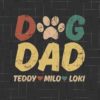 Illustration featuring the words "DOG DAD" in distressed letters, with "TEDDY," "MILO," and "LOKI" below the text, separated by heart icons. A paw print replaces the letter "O".