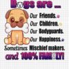 Alt Text: Image of a cute dog with text reading: "Dogs are... Our Friends. Our Children. Our Bodyguards. Our Happiness. Sometimes Mischief makers. And 100% Family!" Files available in PNG and PDF formats.