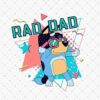 Illustration of a cartoon dog wearing sunglasses and dancing with the text "RAD DAD" above. Colorful geometric shapes and confetti add a lively background.