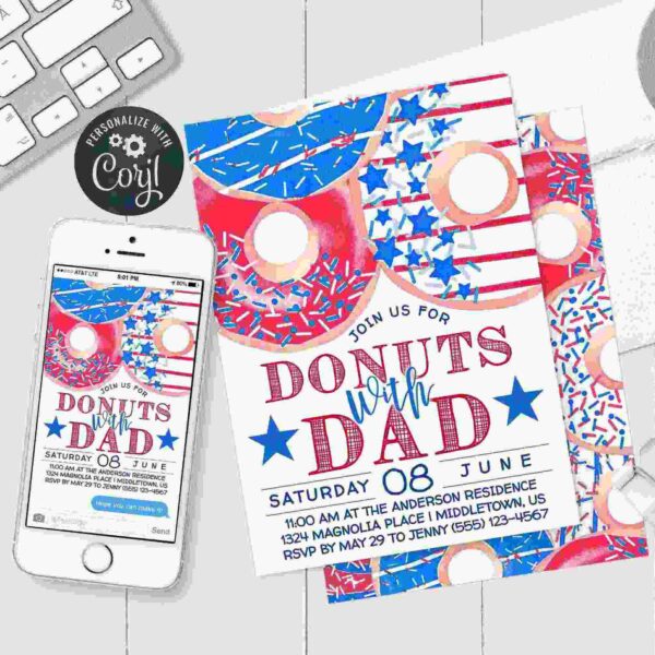 A promotional poster for "Donuts with Dad" on Saturday, June 8th at 10:00 AM. The colorful design features donuts with sprinkles and stripes. The event details include the address, RSVP information, and a mobile phone displaying a digital version of the invite.