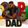 Illustration of a man with a beard, wearing a patterned shirt, and leaning on the word "DAD" in bold letters. The background features vibrant, abstract designs and the large word "DOPE" in colorful letters.