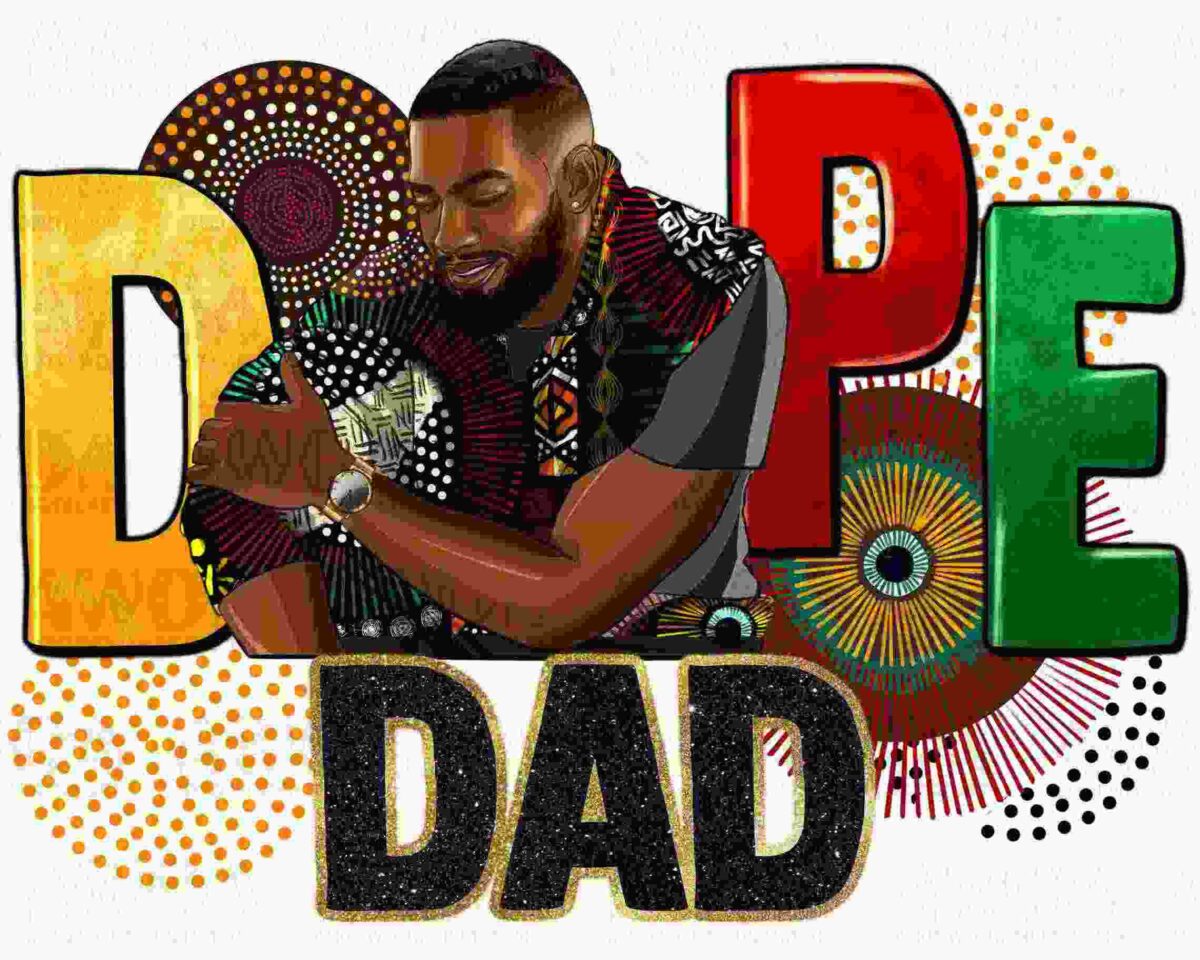 Illustration of a man with a beard, wearing a patterned shirt, and leaning on the word "DAD" in bold letters. The background features vibrant, abstract designs and the large word "DOPE" in colorful letters.