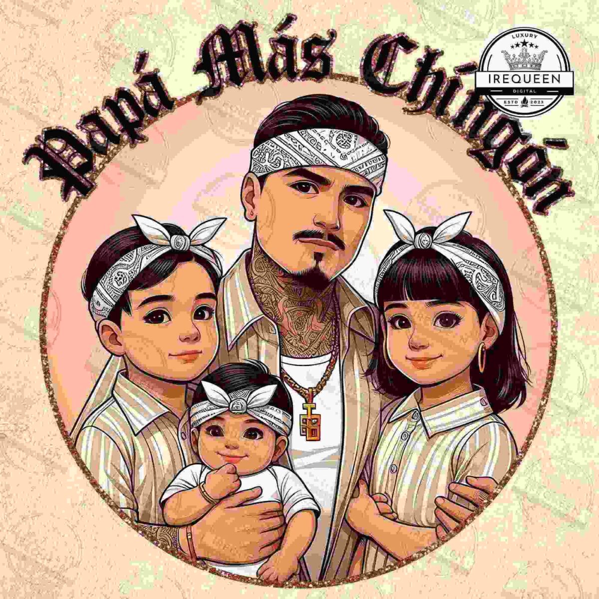 Alt Text: Illustration of a man with three children, all wearing matching bandanas and striped shirts. Text at the top reads "Papá Más Chingón.