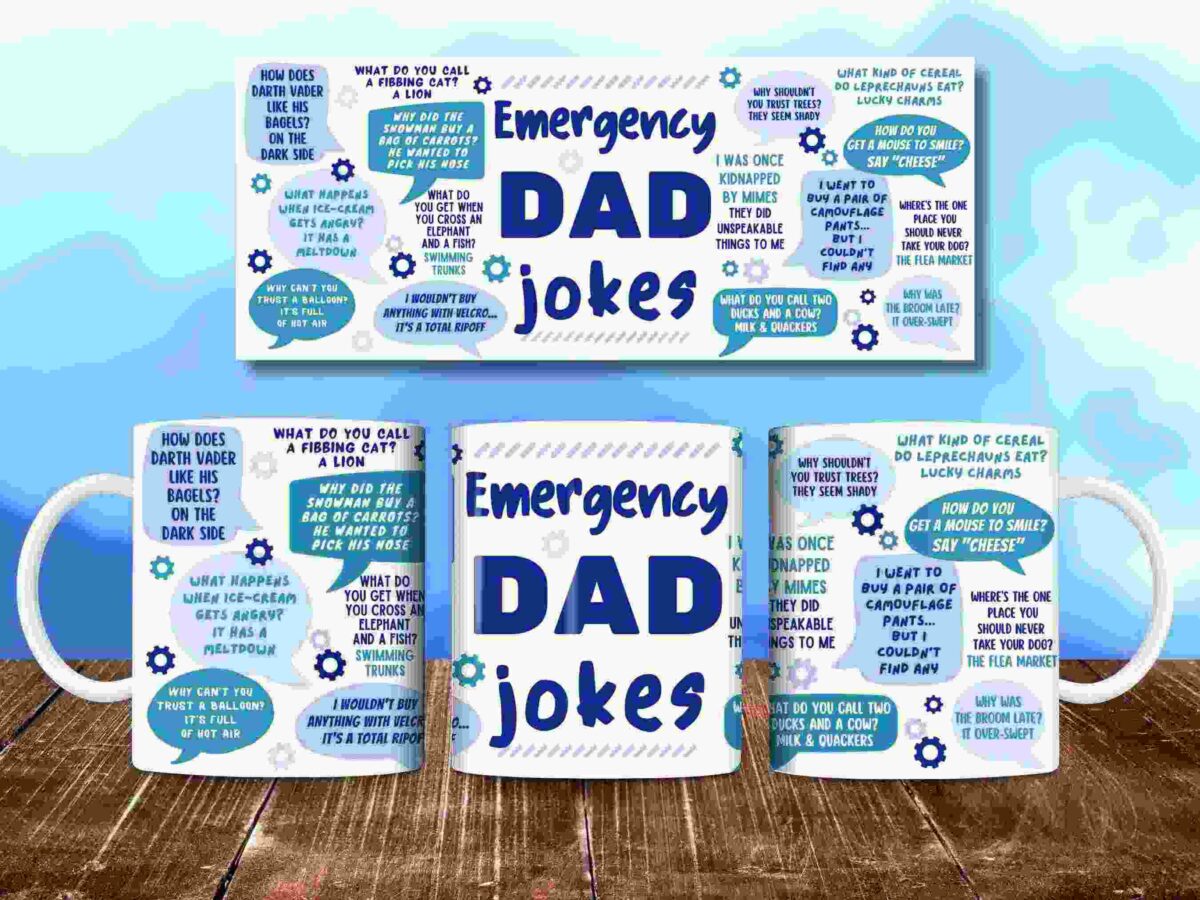 Mug set with "Emergency Dad Jokes" text surrounded by various dad jokes and puns. Background is a blurred sky and wooden table.