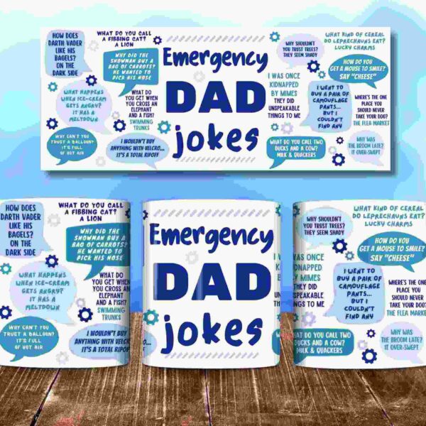 Mug set with "Emergency Dad Jokes" text surrounded by various dad jokes and puns. Background is a blurred sky and wooden table.