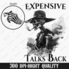 Image of a skeleton wearing a hat and coat, smoking a cigarette, with the text "Expensive, Difficult & Talks Back" in stylized fonts. Additionally, there's a drawing of a skeletal hand pointing upward.