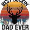 Illustration of a deer head silhouette with antlers over a retro striped background, featuring the text "Best Buckin' Dad Ever" in bold letters. Text at the bottom reads "Instant Download PNG & JPG Digital Designs".