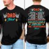 Front: A man wears a black t-shirt with "Dad Tour" and rock hand signs graphic. Back: The shirt lists roles of a dad, such as "Advocate" and "Protector," under the title "Fatherhood Tour.