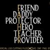 Alt Text: Text graphic with the word "FATHER" vertically arranged. Each letter starts a word: Friend, Daddy, Protector, Hero, Teacher, Provider. Commercial use cutting files available in various formats.