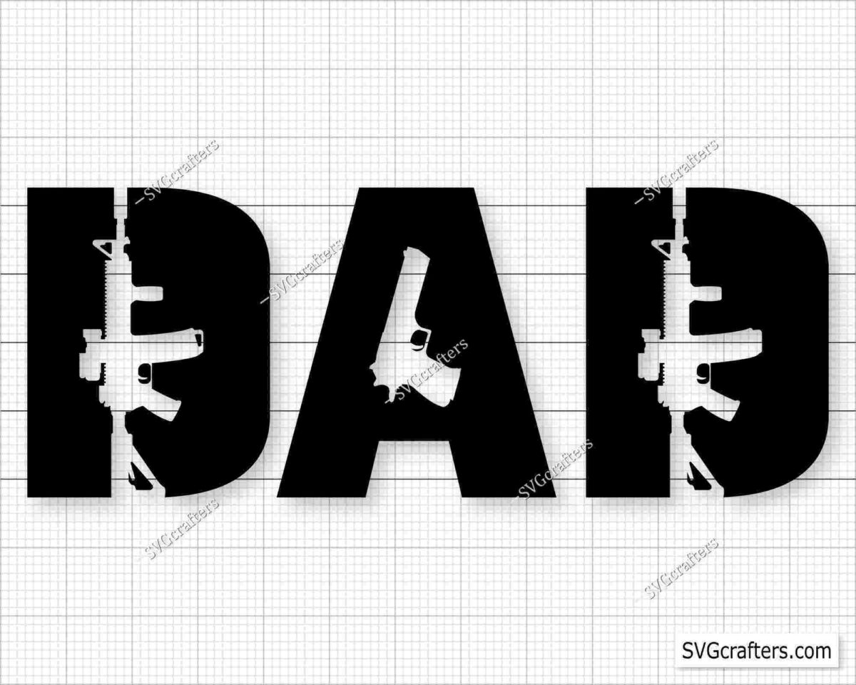 Black silhouette text "DAD" with firearm shapes integrated into the letters against a grid background.