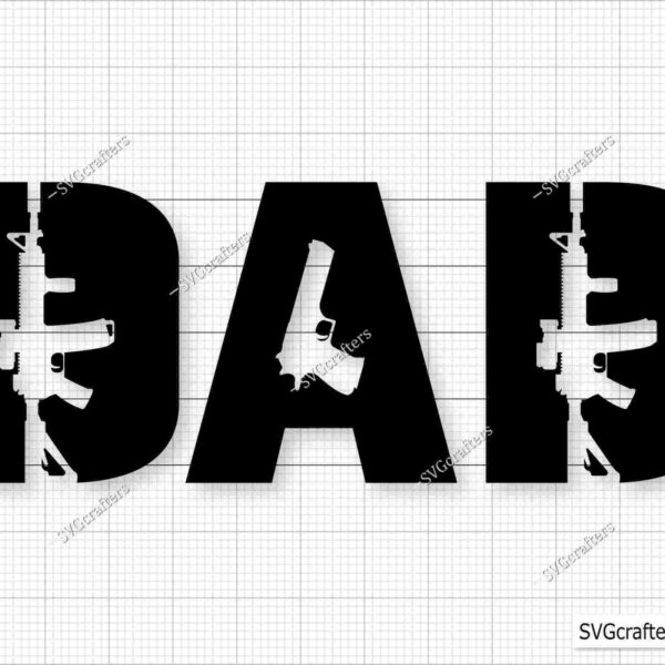 Black silhouette text "DAD" with firearm shapes integrated into the letters against a grid background.