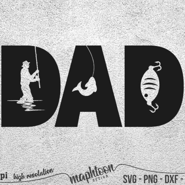 The image shows the word "DAD" with the letter "A" formed by a fishing hook catching a fish, and the letter "D" containing a fisherman and a fishing lure. High-resolution text is visible below.