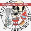 Illustration of a skull wearing sunglasses, holding a spatula, with a barbecue grill, apron, and hotdog, surrounded by the text "Flippin' Awesome Dad.