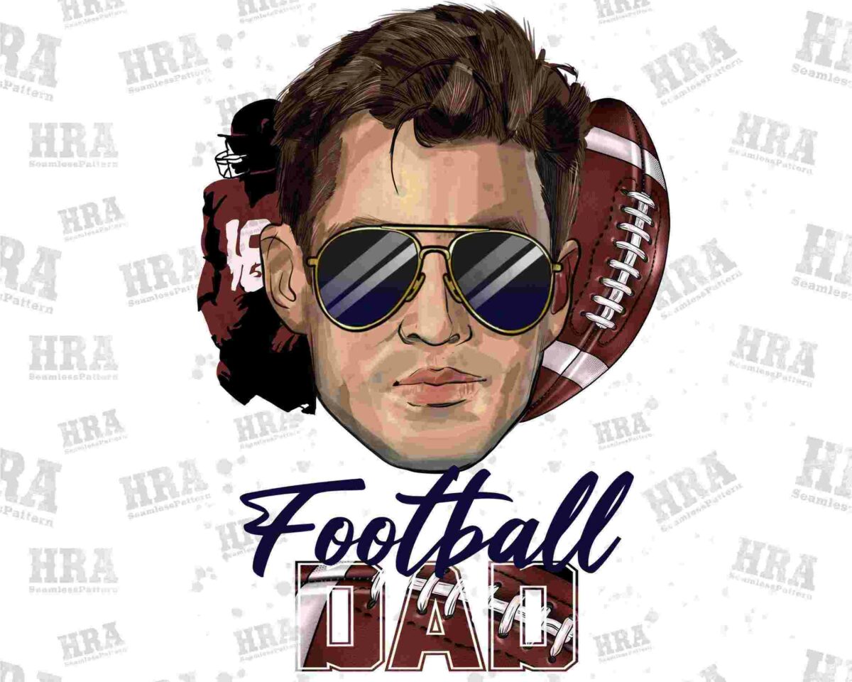 Illustration of a man wearing aviator sunglasses with a football-themed background, the word "Football" written above "DAD" in large text.