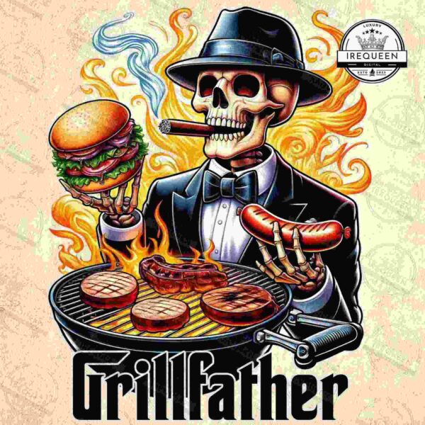 An illustration of a skeleton in a tuxedo and hat grilling- holding a burger in one hand and a hotdog in the other. He has a cigar in his mouth, flames are around him, and the text "Grillfather" is below.