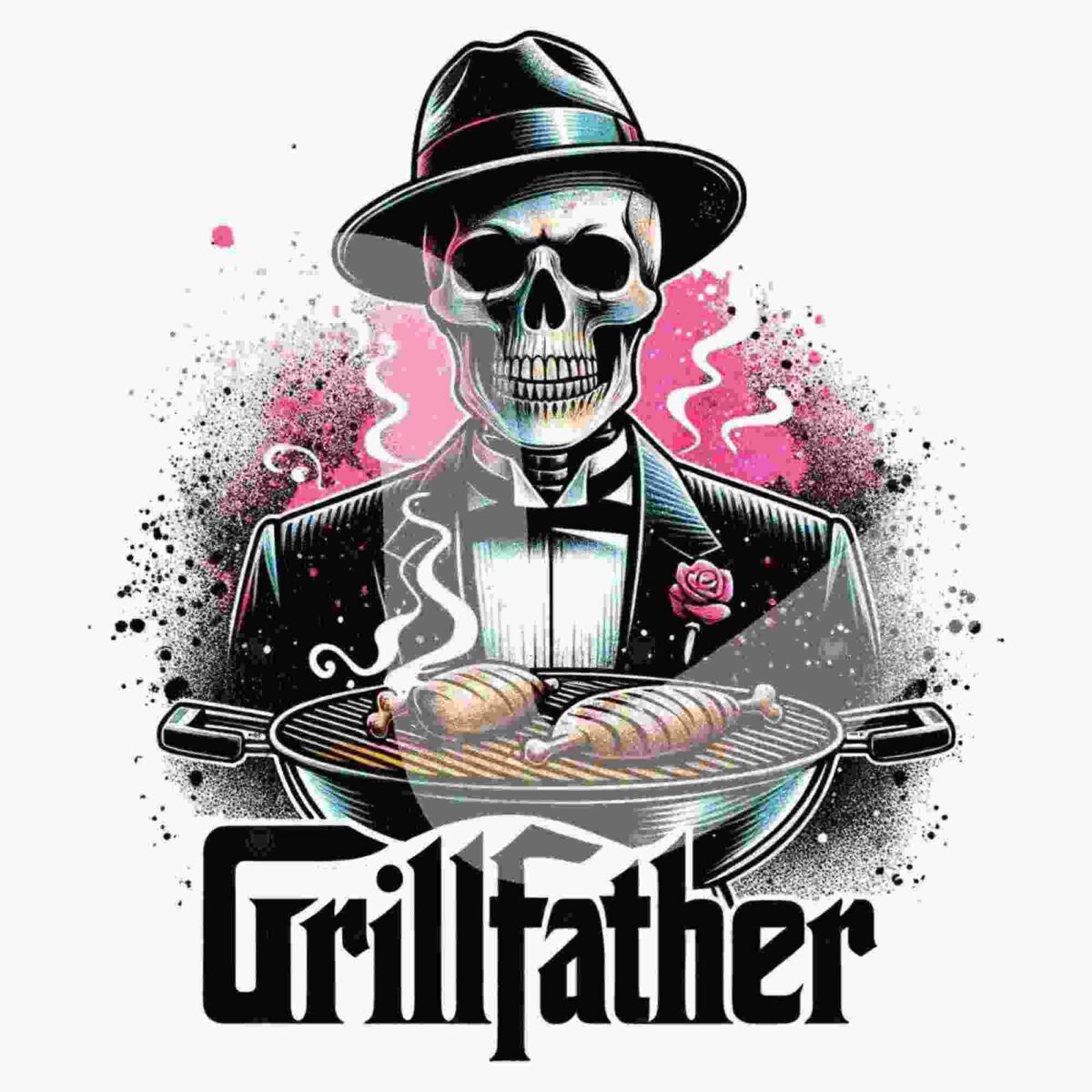 Alt Text: Illustration of a skeleton wearing a suit and hat, grilling food, with the text "Grillfather" displayed below. Smoke and splashes of pink and black adorn the background.