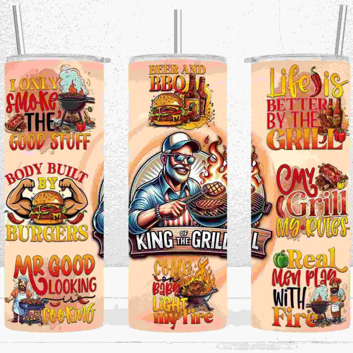 Three cylindrical tumblers with illustrations and humorous BBQ-themed text such as "King of the Grill" and "Beer and BBQ." Each tumbler features vibrant colors and barbecue-related graphics.