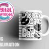 White mug with black cat illustrations and the text "Crazy Cat Dad" in stylized fonts. A round sticker with "Digital Download" is on the left side. The background is light gray.