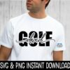 Man wearing a white t-shirt with the word "GOLF" and "dad" written in a cursive style over it. At the bottom, text reads "SVG & PNG INSTANT DOWNLOAD.