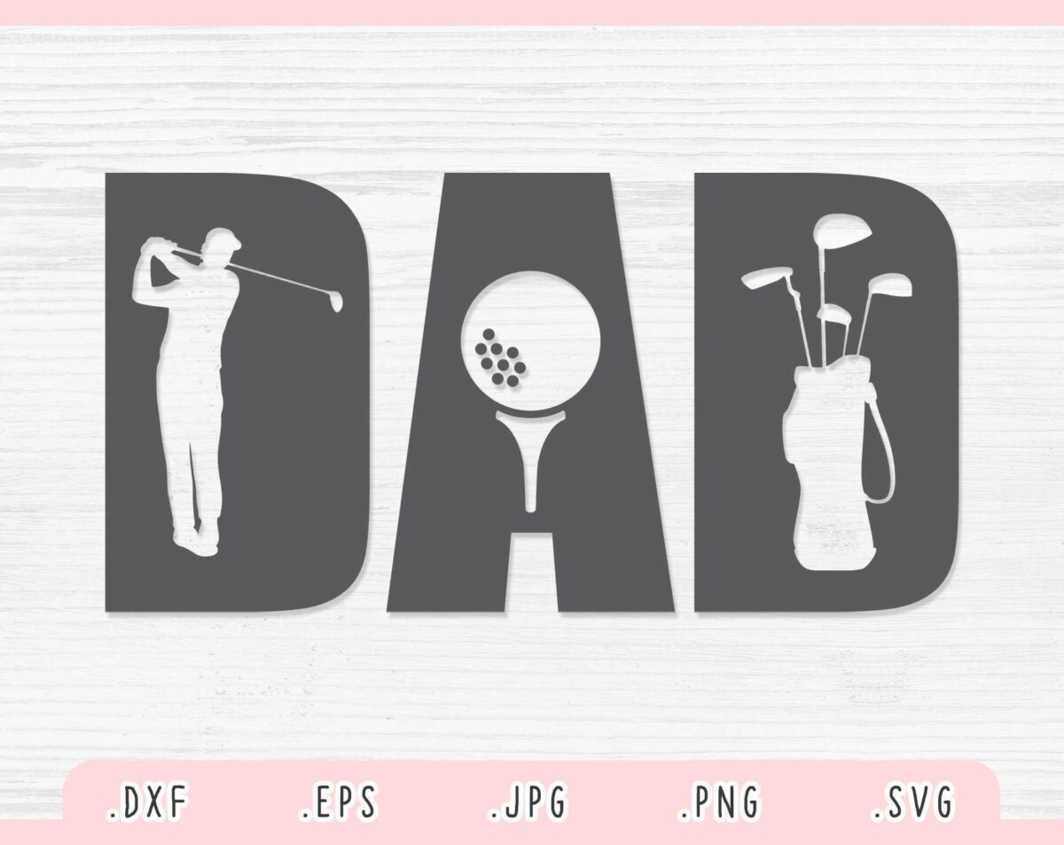 Alt Text: The image depicts the word "DAD" with the letters incorporating golf imagery: a golfer swinging in the "D," a golf ball on a tee in the "A," and a golf bag in the last "D". Various file formats are listed below.