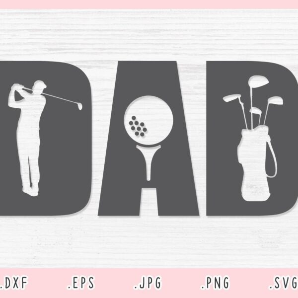 Alt Text: The image depicts the word "DAD" with the letters incorporating golf imagery: a golfer swinging in the "D," a golf ball on a tee in the "A," and a golf bag in the last "D". Various file formats are listed below.