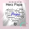 A heart-shaped word cloud with German words describing "Papa" including Familie, Liebe, Vorbild, and Unterstützung. The word "Papa" is prominently featured in blue in the center. "Firkefanz de Luxe" logo is in the bottom right corner.