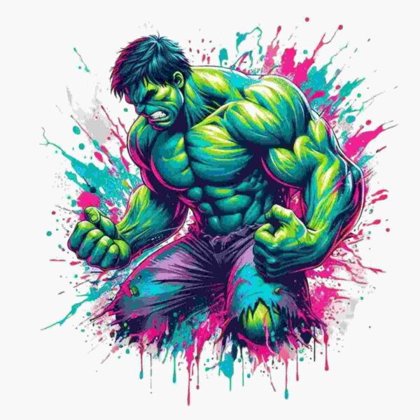 Illustration of a muscular, green-skinned character with ripped shorts, clenching fists and appearing angry, set against a colorful splattered background.