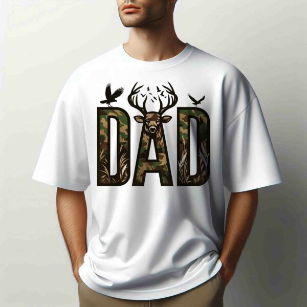 A person wearing a white t-shirt with the word "DAD" prominently displayed. The letters have a camouflage pattern and feature a deer head with antlers in the middle and two birds around it. The individual has their hands in their pockets.