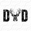 Stylized image of the word "DAD" with a detailed deer head illustration used to replace the 'A' between two ‘D’s, featuring a distressed texture.