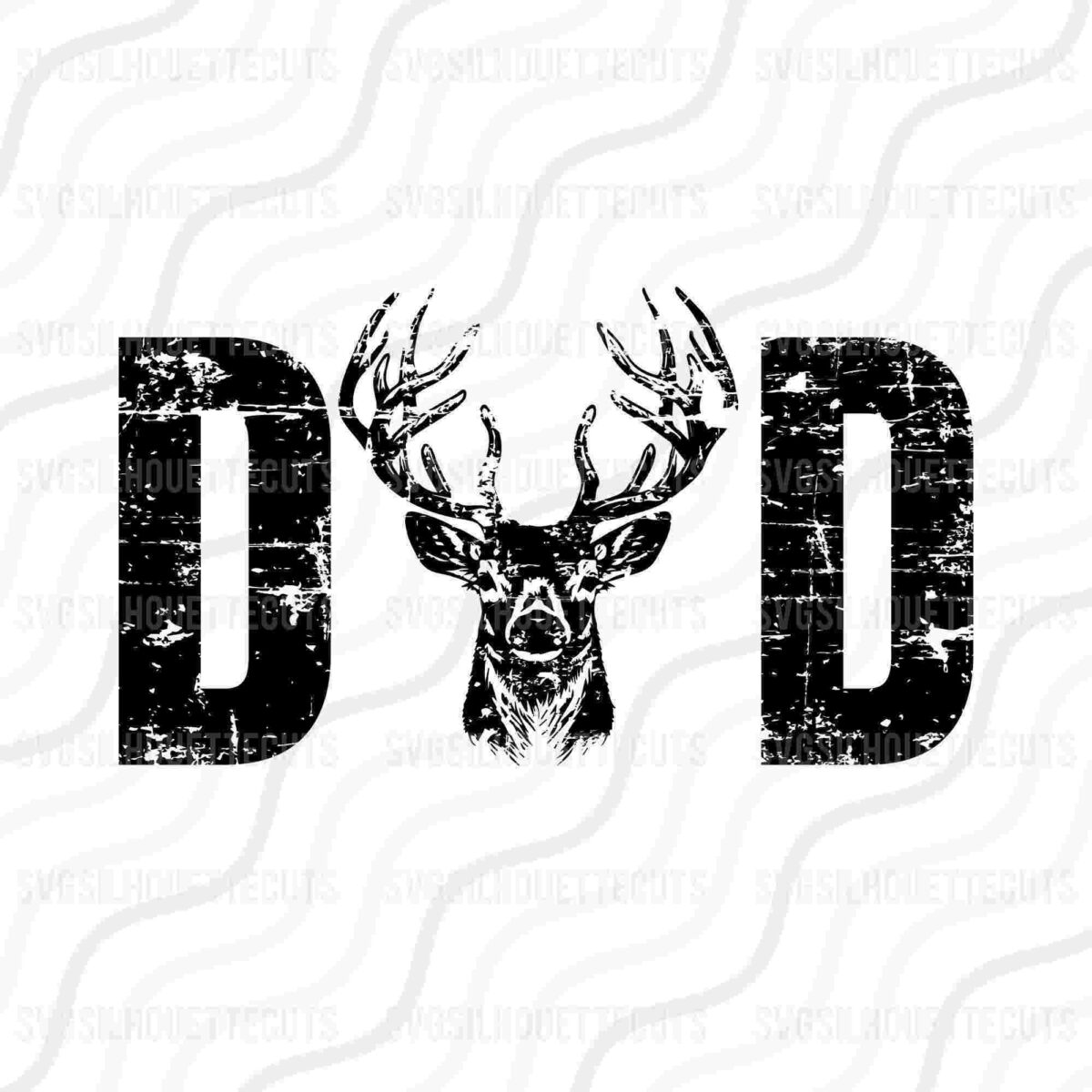 Stylized image of the word "DAD" with a detailed deer head illustration used to replace the 'A' between two ‘D’s, featuring a distressed texture.