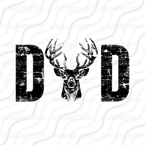 Stylized image of the word "DAD" with a detailed deer head illustration used to replace the 'A' between two ‘D’s, featuring a distressed texture.