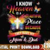 A colorful design with the text "I know Heaven is a beautiful place because they have my Mom & Dad" featuring butterflies and a cross. The bottom text reads "Digital Print Download PNG.