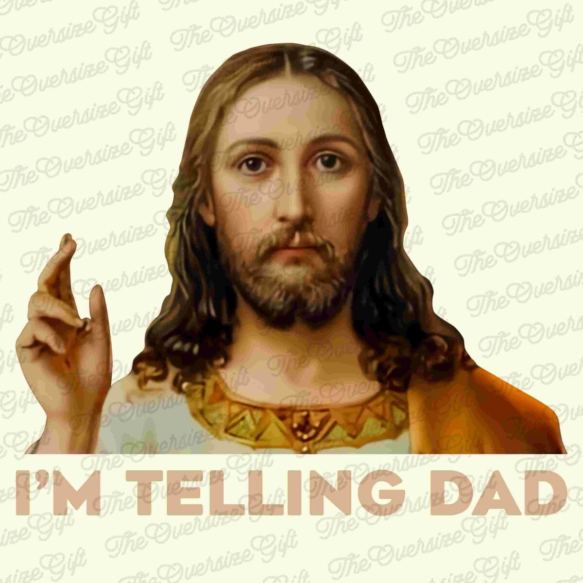 Alt Text: An image of a person with long hair and a beard, raising one hand in a gesture. Below is the text "I'M TELLING DAD.