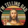 Image of a person with long hair and a beard raising one hand, with retro-styled colored stripes in the background and text above reading "I'M TELLING DAD.