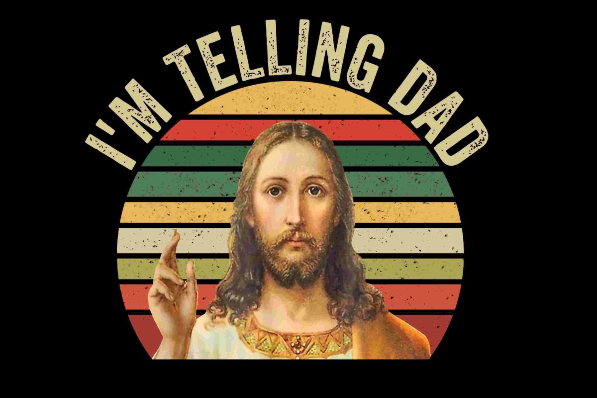 Image of a person with long hair and a beard raising one hand, with retro-styled colored stripes in the background and text above reading "I'M TELLING DAD.