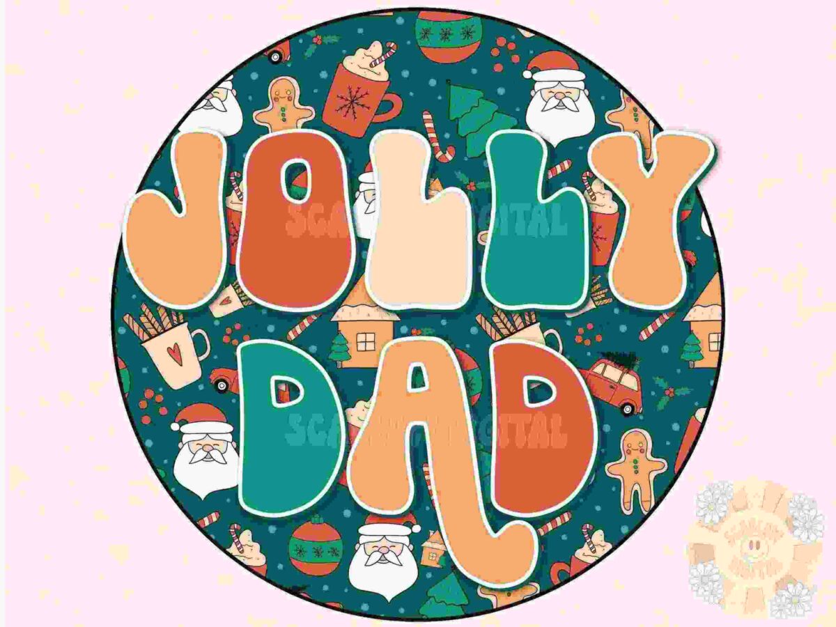 A circular festive illustration with the words "Jolly Dad" in bold, colorful letters. The background features Christmas-themed icons such as Santa Claus, gingerbread men, candy canes, mugs, snowflakes, and Christmas trees in a green, red, and orange color scheme.