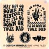 Alt Text: A graphic design bundle featuring five variations of the phrase "May not go down in history but I'll go down on your dad" in different fonts and styles. Includes illustrations of hand gestures and hearts with wings.