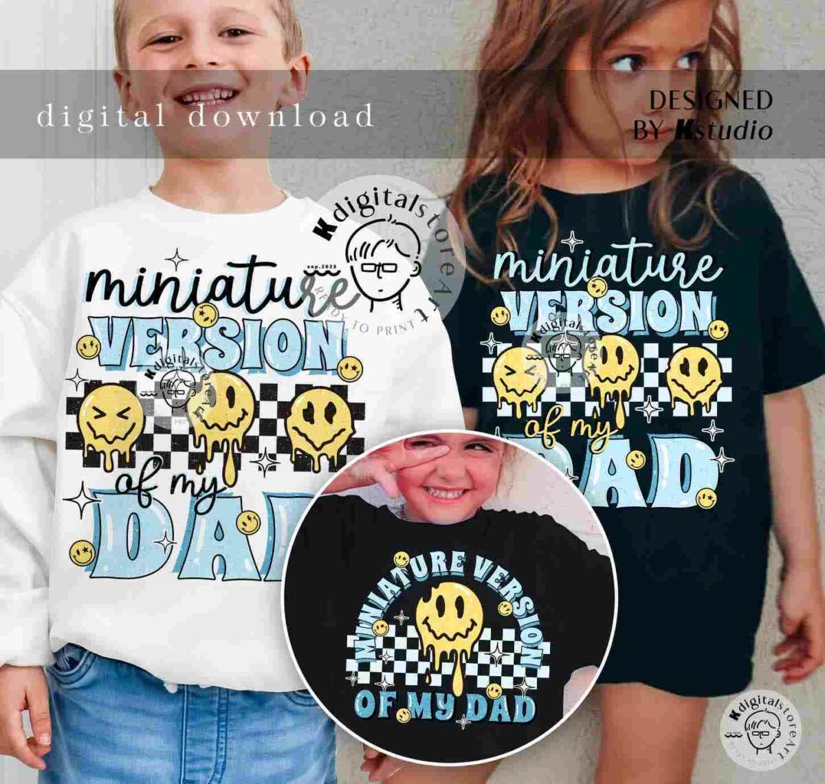 Two children wearing shirts with the phrase "Miniature Version of my Dad" and graphic designs, one in a white shirt and one in a black shirt. The image also shows a circular logo and website information.