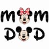 Alt Text: A graphic illustration with the words "mom" and "dad" featuring Minnie Mouse's face and bow in the word "mom" and Mickey Mouse's face in the word "dad.